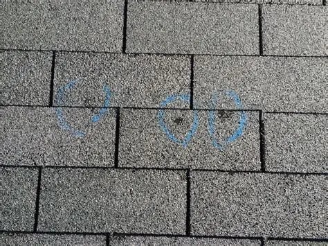 Close-up of gray asphalt shingle roof with blue spray-painted markings