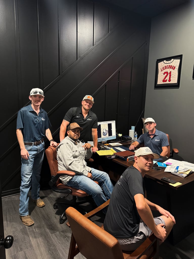 Group of six men in a dark office space with desks, one holding a baseball bat, framed sports jersey on wall