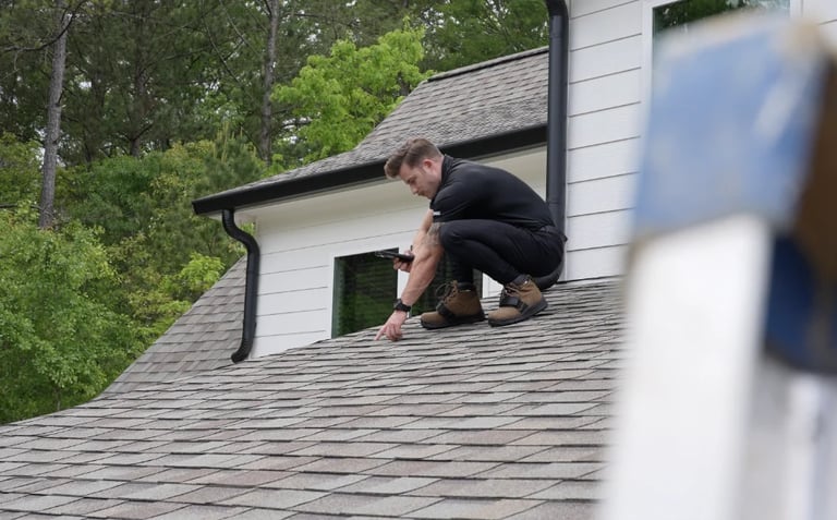 Worker in dark clothing crouched on a residential roof near a dormer window, with green trees visible in the background